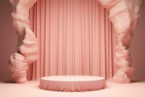 3d achtergrond, steen voetstuk podium Aan natuurlijk pastel roze backdrop ai gegenereerd. foto