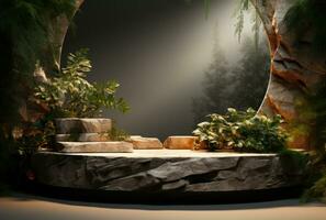 3d podium hout Scherm wit achtergrond met groen monstera palm blad ai gegenereerd. foto