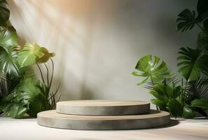 3d podium hout Scherm wit achtergrond met groen monstera palm blad ai gegenereerd. foto