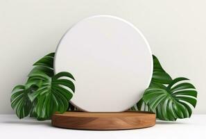 3d podium hout Scherm wit achtergrond met groen monstera palm blad ai gegenereerd. foto