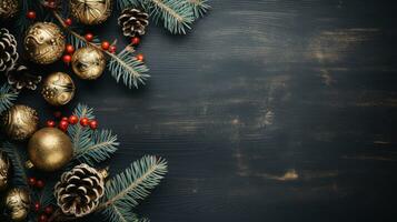 vrolijk Kerstmis Kerstmis ornamenten Aan een donker zwart beton tafel bovenkant, top visie ai gegenereerd. foto