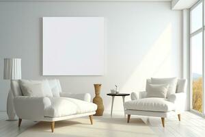 mooi helder leven kamer interieur met twee comfortabel wit fauteuils en een groot wit schilderij Aan de muur. groot ramen. gegenereerd door kunstmatig intelligentie- foto
