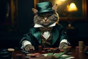 een grijs kat in een pak en hoed Toneelstukken poker. het gokken concept. gegenereerd door kunstmatig intelligentie- foto