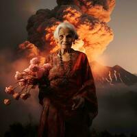 een grootmoeder in een kebaya duurt een foto met een uitbarsting vulkaan, ai generatief