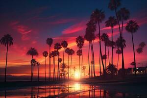 mooi zonsondergang tegen de backdrop van de silhouet van hoog palm bomen Aan de zee strand. wijnoogst toon. gegenereerd door kunstmatig intelligentie- foto