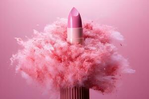 roze lippenstift in een pluizig roze wolk met schitteren Aan een roze achtergrond. bedenken Product. gegenereerd door kunstmatig intelligentie- foto