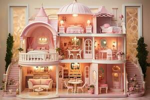 roze luxe poppenhuis met roze interieur. gegenereerd door kunstmatig intelligentie- foto