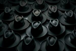 veel zwart hoeden Aan een zwart achtergrond. gegenereerd door kunstmatig intelligentie- foto