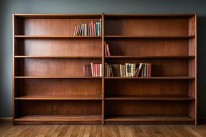 houten boekenkast met boeken Aan schappen in de buurt een grijs muur Aan een houten vloer. gegenereerd door kunstmatig intelligentie- foto