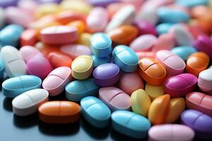 tablets en capsules in allemaal kleuren van de regenboog. banier voor farmaceutisch toevoegen foto