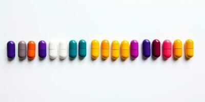 tablets en capsules in allemaal kleuren van de regenboog. banier voor farmaceutisch toevoegen foto