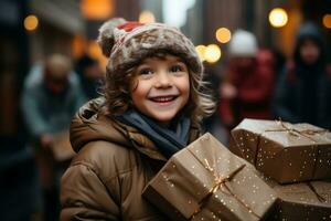 ai gegenereerd gelukkig kinderen Aan de straat met Kerstmis presenteert in hun handen. cadeaus voor liefdadigheid en bereik. kopiëren ruimte. hoog kwaliteit foto