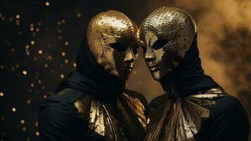 gouden theatraal maskers. abstract kostuum voor futuristische producties. ai generatief foto