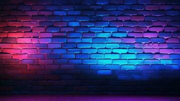 neon lichten Aan oud grunge steen muur kamer achtergrond. ai generatief foto