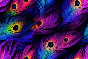 helder kleurrijk veren, Pauw veer patroon. helder achtergrond. gegenereerd door kunstmatig intelligentie- foto