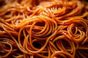 spaghetti in tomaat saus detailopname. Italiaans keuken. gegenereerd door kunstmatig intelligentie- foto