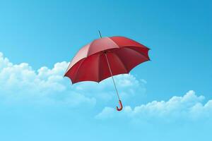 een rood paraplu vliegt in de blauw lucht. weer voorspelling concept. gegenereerd door kunstmatig intelligentie- foto