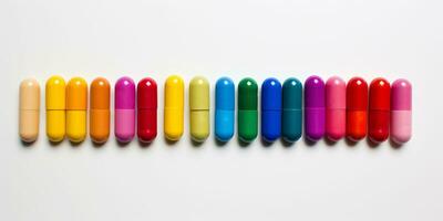 tablets en capsules in allemaal kleuren van de regenboog. banier voor farmaceutisch toevoegen foto