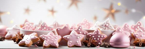 roze Kerstmis banier met ster vormig peperkoek koekjes en satrs in de achtergrond. kopiëren ruimte foto