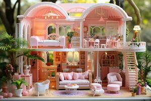 modern poppenhuis met roze interieur. gegenereerd door kunstmatig intelligentie- foto