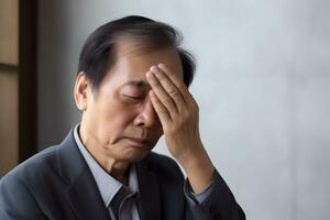 oog deformatie, duizeligheid of hoofdpijn van Aziatisch ouderling Mens. ai generatief foto