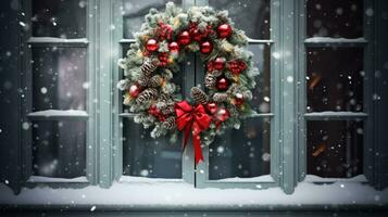 ai gegenereerd de deur van de huis is versierd met een Kerstmis krans foto