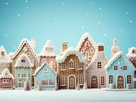 ai gegenereerd Kerstmis dorp van peperkoek huizen in blauw tonen. foto