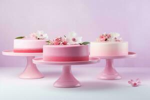 ai gegenereerd mooi cakes en desserts in roze tonen Aan een roze achtergrond. bruiloft taart. verjaardag taart. Valentijnsdag dag taart. foto