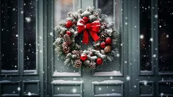 ai gegenereerd de deur van de huis is versierd met een Kerstmis krans foto