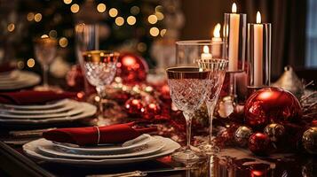 Kerstmis avondeten tafel instelling in winter vakantie kamer. gegenereerd ai. foto