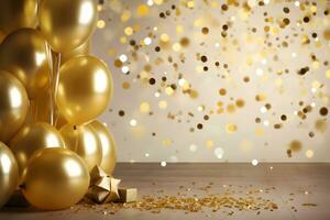 goud confetti met ballon luxe verjaardag achtergrond ai gegenereerd foto