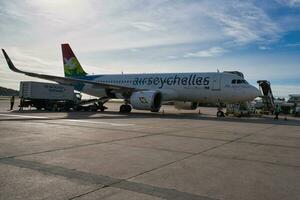 mahe, Seychellen, 10.10.2023 lucht Seychellen vlucht Bij de Seychellen Internationale luchthaven foto