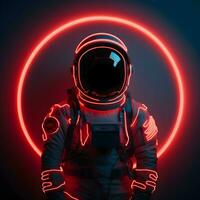 ruimtevaarder of astronaut met circulaire ring vormig neon licht. ai generatief foto