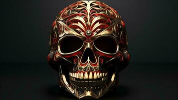een goud en rood schedel met ingewikkeld ontwerpen, ai generatief foto