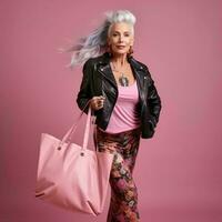 een volwassen vrouw vervelend modellering kleren en draag- een zak in haar hand, ai generatief foto
