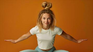 een vrouw is zittend Aan een yoga mat uitrekken, ai generatief foto