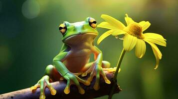 een kikker zit Aan een bloem tak, ai generatief foto