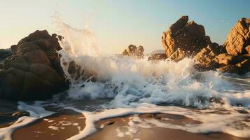 strand golven crashen tegen rotsen, ai generatief foto