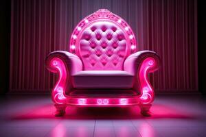 luxueus roze stoel met roze verlichting en neon verlichting in een ruim kamer. generatief ai foto