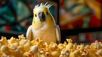 een geel en wit papegaai zit Aan top van popcorn, ai generatief foto
