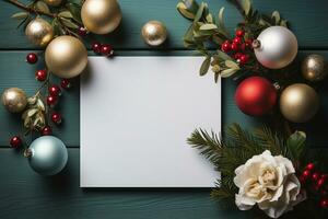 top visie blanco bladzijde Notitie pastel, feestelijk Kerstmis dingen decoraties Daarnaast, ruimte voor toevoegen tekst, ai-gegenereerd foto