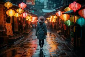 vrouw wandelen alleen Aan regenachtig het weer. genereren ai foto