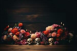 een leeg foto kader, omringd met aanbieden van een schedel, bloemen, en kaarsen in de viering van de dia de los muertos, , model, halloween, kopiëren ruimte ai gegenereerd