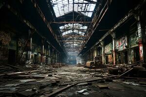 leeg verlaten oud magazijn interieur, donker, industrieel, vies, somberheid ai gegenereerd foto