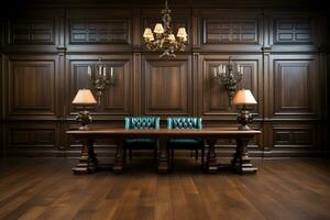 luxe hout lambrisering achtergrond of structuur Aan hal of rechtszaal ai gegenereerd foto