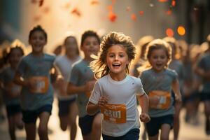 kinderen rennen Aan een marathon gedurende zonsopkomst ai gegenereerd foto