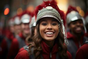 het marcheren band troepen net zo ze maart langs de straat of maart net zo een deel van een ceremonie ai gegenereerd foto