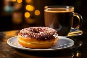 koffie met donut Aan een wazig cafe achtergrond ai gegenereerd foto