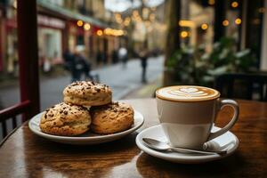 scones geserveerd met koffie Aan houten tafel, wazig cafe achtergrond ai gegenereerd foto