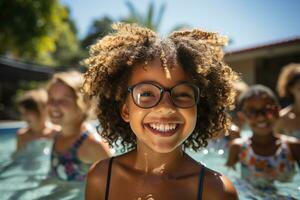 kinderen gelukkig spelen in de zwembad ai gegenereerd foto